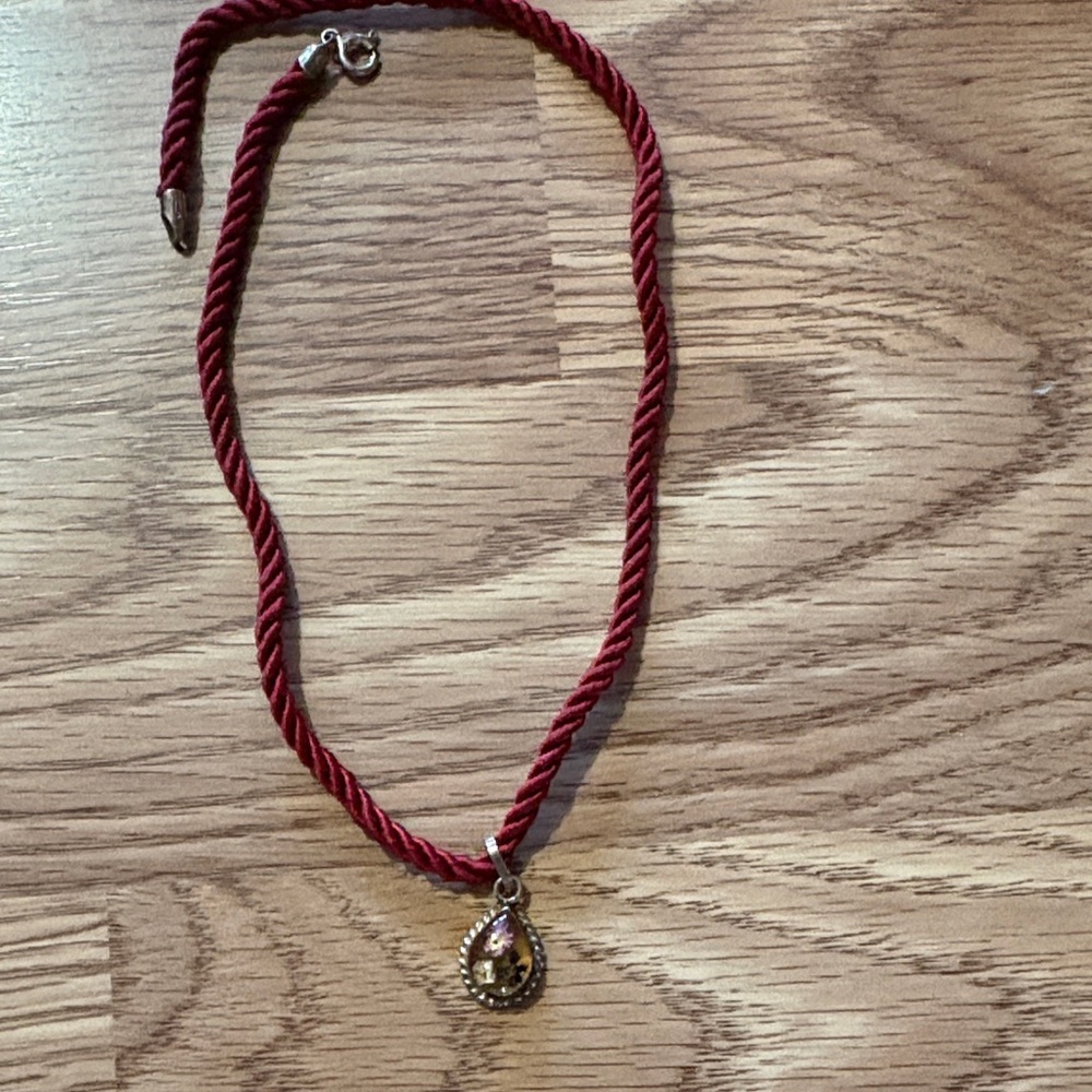 VINTAGE .925 STERLING SILVER PRESSED FLOWER PENDANT RED SILK CORDED 15" NECKLACE - Picture 7 of 9